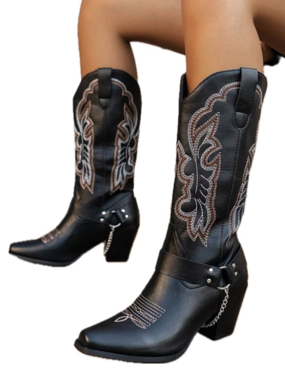 Black Embroidered Western Knee-High Cowboy Cowgirl Boots